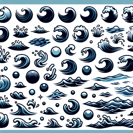 A sprite sheet of different water ripples.
Single Game Texture. In-Game asset. 2d. Blank background. High contrast. No shadows.