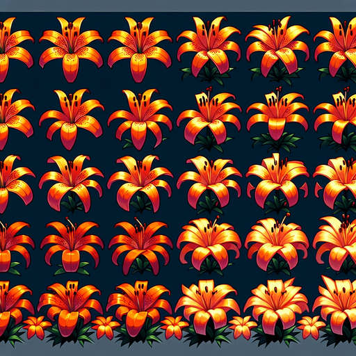 A sprite sheet of different orange tiger lily seen from above. Cartoon. All similar size. Just the blossom. Bold colors and shading. 
Single Game Texture. In-Game asset. 2d. Blank background. High contrast. No shadows.