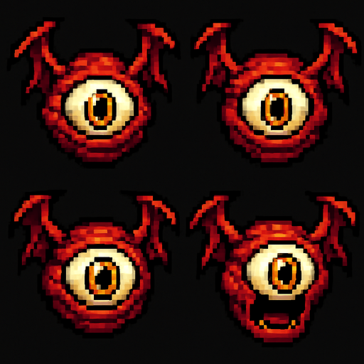 Generate a sprite sheet for a floating demon eye. Front side view. Include one attack sprite with mouth open. Retro pixel graphics..
In-Game asset.  2d.  High contrast.  No shadows