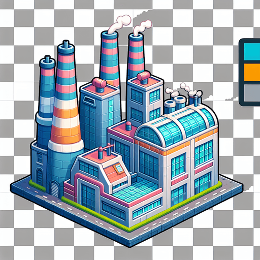 The outside of a factory in a cartoon style.
Single Game Texture.  In-Game asset.  2d.  Blank background.  High contrast.  No shadows