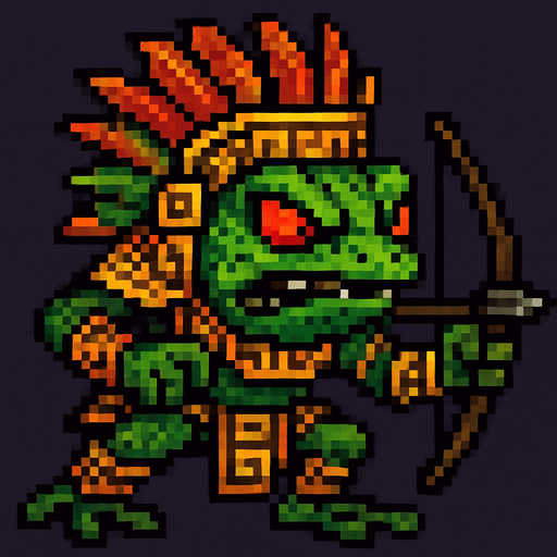 Genérame una Rana de Cristal  guerrero azteca con eso patrones, estilo pixelar, con una apariencia maligna, ojos rojos, rabioso. Unidad a distancia, con un arco o cerbatana. Animal.
In-Game asset.  2d.  High contrast.  No shadows