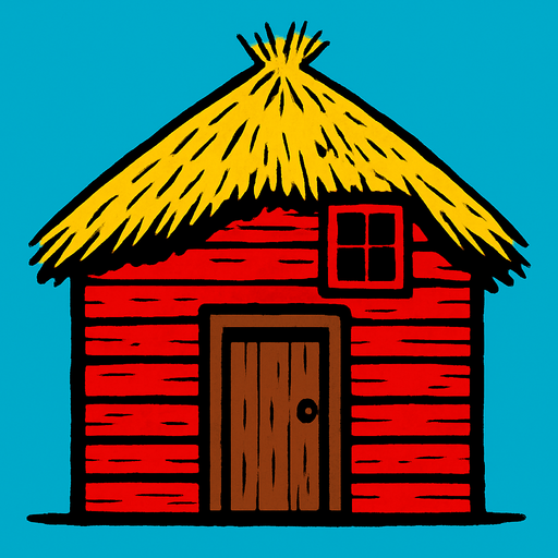 Make a house, with a wood door, the house is made of red wood and the door brown wood, the roof is made of wheat.
2d.  High contrast.  No shadows