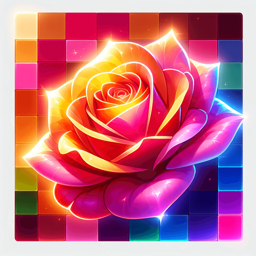 Add a glowing square shaped blooming delicious multicolour vibrant rose.
Single Game Texture. In-Game asset. 2d. Blank background. High contrast. No shadows.
