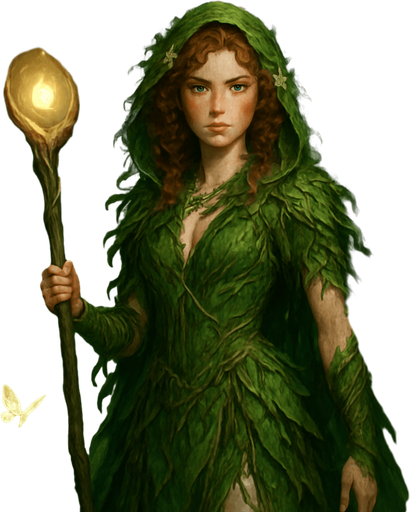 A forest druidess cloaked in green vines, leaves, and bark-woven garments, standing among ancient stone circles. Female, 28 years old, slender and fierce, auburn curly hair with forest flowers woven in, moss-green eyes, and freckled sun-kissed skin. A glowing staff carved from elderwood is in her hand, and glowing butterflies swirl around her. Realistic, highly detailed, enchanted forest atmosphere. realistic.
In-Game asset.  2d.  High contrast.  No shadows