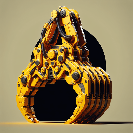 front face view of a yellow grapple excavator arm.
Single Game Texture. Game asset. 2d. Blank background. Color. High contrast. No shadows.