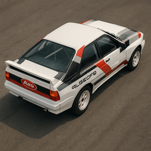 Photorealistic white audi b2 quattro RALLYCAR with red,grey,black stripes livery, drone topview from back. Angle should be 45 degrees in the top right corner of the screen.