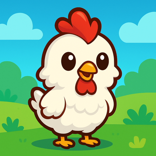 “A cute cartoon-style chicken character designed for a mobile game. White fluffy feathers, red comb and wattle, small yellow beak, round black eyes, tiny orange feet, standing upright with a cheerful expression. Colorful, simple background. High-quality digital illustration, ideal for a fun kids game.”.
In-Game asset.  2d.  High contrast.  No shadows. cartoon style