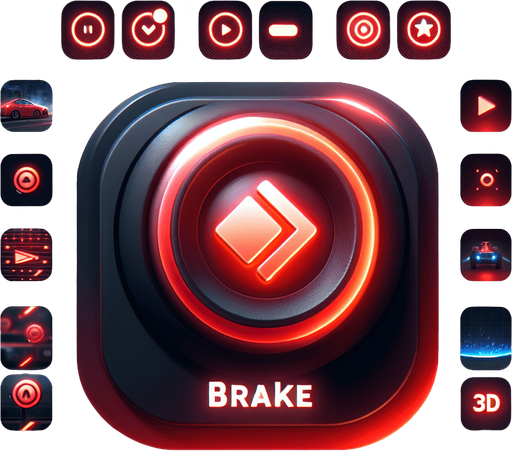 High-quality brake button for mobile racing game, 64x64 pixels, glowing red, with a brake or stop symbol in the center, 3D UI style with soft shadows and clean edges".
Single Game Texture.  In-Game asset.  2d.  Blank background.  High contrast.  No shadows