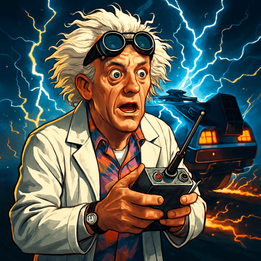 A realistic digital portrait of an eccentric elderly scientist with wild, white, frizzy hair and expressive eyebrows, wearing retro-futuristic goggles on his forehead, a white lab coat over a colorful 1980s shirt, and holding a futuristic remote control device. The background features a glowing DeLorean time machine with lightning and sparks. The character looks surprised and excited, with wide eyes and a dramatic pose. Cinematic lighting, hyper-detailed, 4K resolution, concept art style, inspired by 1980s sci-fi movies..
In-Game asset.  2d.  High contrast.  No shadows