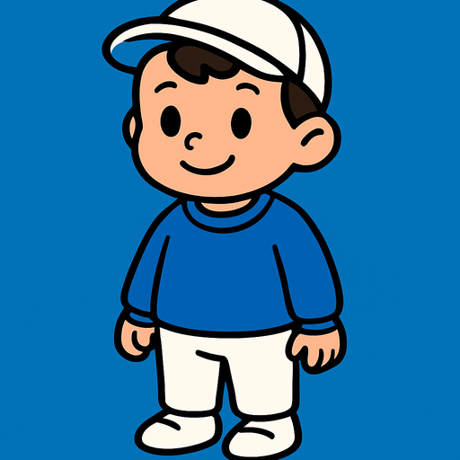 Niño pequeño con uniforme blanco y sudadera azul.
In-Game asset.  2d.  High contrast.  No shadows
