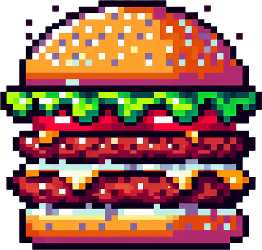 8 bit anime image delecious burger.
Single Game Texture.  In-Game asset.  2d.  Blank background.  High contrast.  No shadows