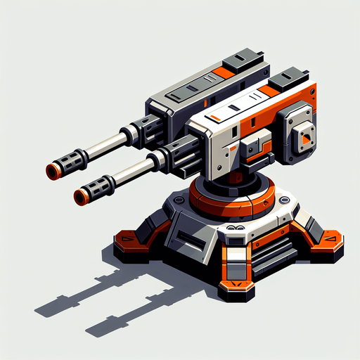 turret.
Single Game Texture. In-Game asset. 2d. Blank background. High contrast. No shadows.
less futuristic orange and silver colored shoots normal bullets two rifles