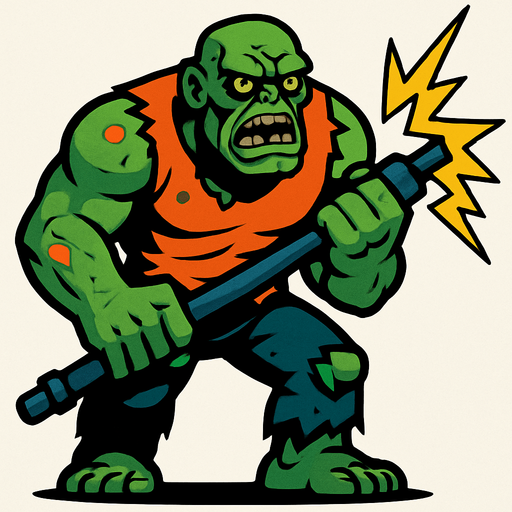 Un zombie grande ey fuerte eue sostiene un palo de electricidad.
In-Game asset.  2d.  High contrast.  No shadows