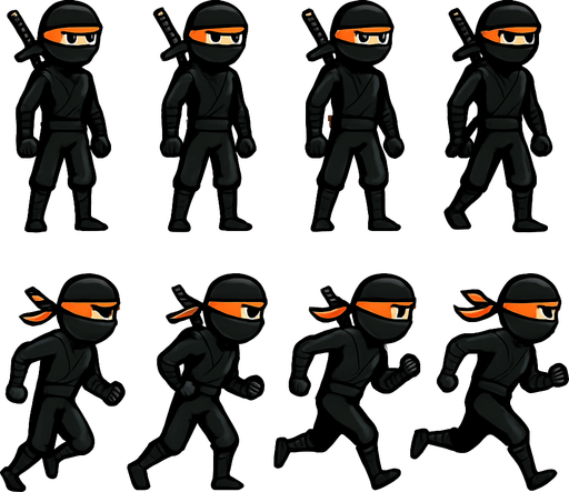 pack of frames of standing & running animation of full body of a ninja character, black color outfit, eyes bondage orange, have sword behind it. HD colors.
In-Game asset.  2d.  High contrast.  No shadows