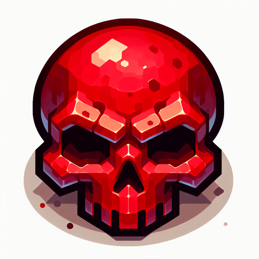 tête de mort rouge.
Single Game Texture. In-Game asset. 2d. Blank background. High contrast. No shadows.