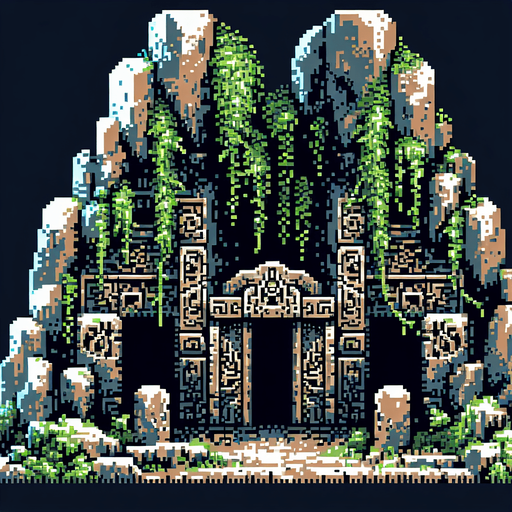 Create an 8-bit pixelated entrance to a mystical cave-like dungeon with two distinct, rugged doorways carved into a mountainside. The scene should have an ancient, mysterious atmosphere, with overgrown vines and faintly glowing symbols etched into the stone..
Single Game Texture. In-Game asset. 2d. Blank background. High contrast. No shadows.