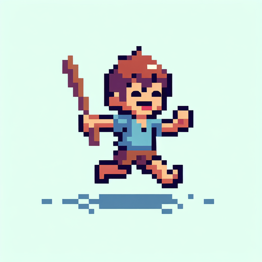 Pixel art,   kid running with a stick..
Single Game Texture. In-Game asset. 2d. Blank background. High contrast. No shadows.