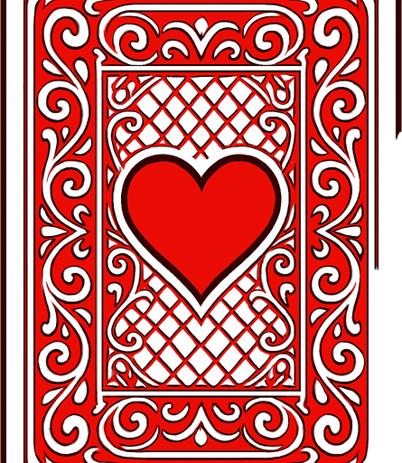 The back of a playing card. Red pattern with a heart in the center. Anime style..
In-Game asset.  2d.  High contrast.  No shadows