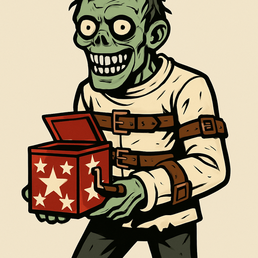Zombi a cuerpo completo de piel verdosa y pálida, con cabello desordenado y ojos saltones, viste una camisa de fuerza con correas de cuero alrededor de sus brazos y torso. sostiene una caja de sorpresas roja y blanca con estrellas, que tiene una manivela en un lado. Su expresión es de una sonrisa macabra.
In-Game asset.  2d.  High contrast.  No shadows