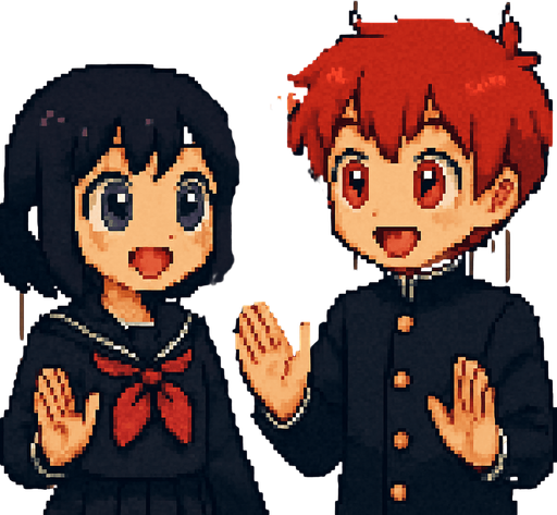 Pixel art. A red-haired 15-year-old anime-style boy with red eyes and a girl with purple eyes in Japanese school uniforms, both with large, expressive eyes and oversized irises to look super kawaii, are talking cheerfully while looking into each other’s eyes and gesturing with their hands. They are standing very close to a row of school lockers. In the center locker, a pair of glowing red eyes peer through the slats. The eyes belong to a hidden yandere—obsessed, crazy, and jealous—whose face and body remain completely obscured in the darkness inside the locker. The mood is lighthearted between the boy and girl, contrasting with the eerie presence watching them from the shadows.
