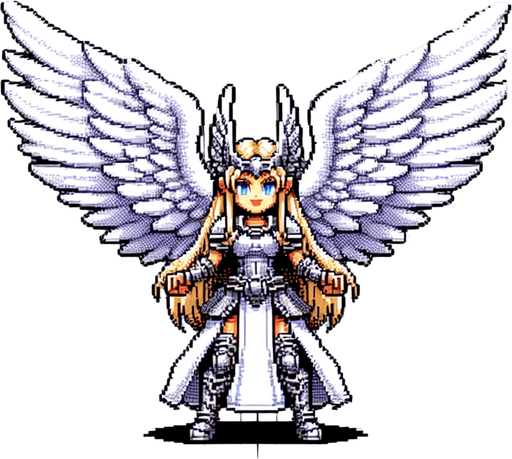 snes female valkyrie white wings spread.
Single Game Texture.  In-Game asset.  2d.  Blank background.  High contrast.  No shadows