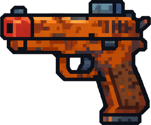 Pistol post apocalyptic world pixel art less pixel.
In-Game asset.  2d.  High contrast.  No shadows