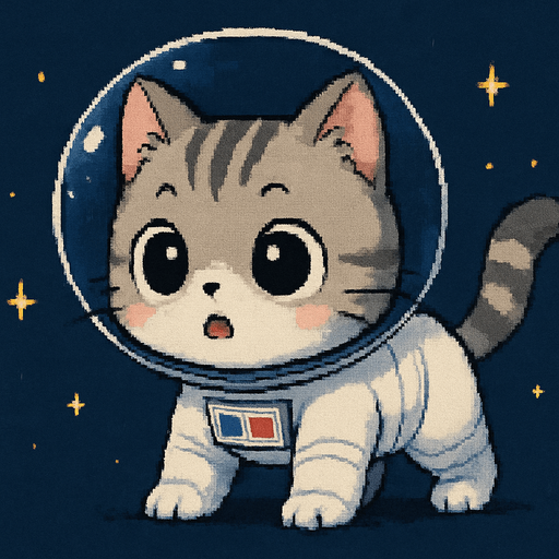 A cute kitten, illustrated in an adorable chibi anime style and wearing an astronaut suit, stands on all fours in outer space with a wide-eyed, surprised expression. Its body is slightly tense, as if it just saw something unexpected.