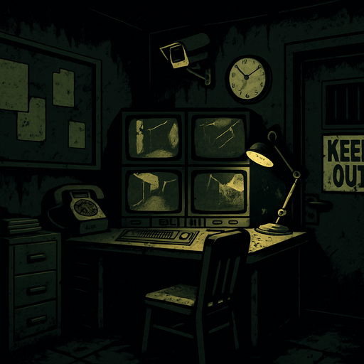 Bana bir ofis odası yap. Biraz gerilim salan ama içinde canavar olmayan eski bir karanlık güvenlik ofis odası gibi olsun.
In-Game asset.  2d.  High contrast.  No shadows