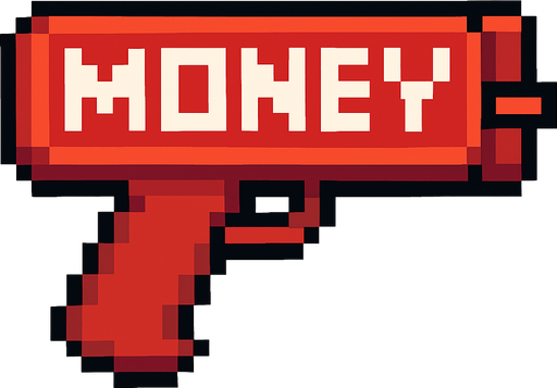 Money gun pixel art. Without money, horizontal. In-Game asset.  2d.  High contrast.  No shadows