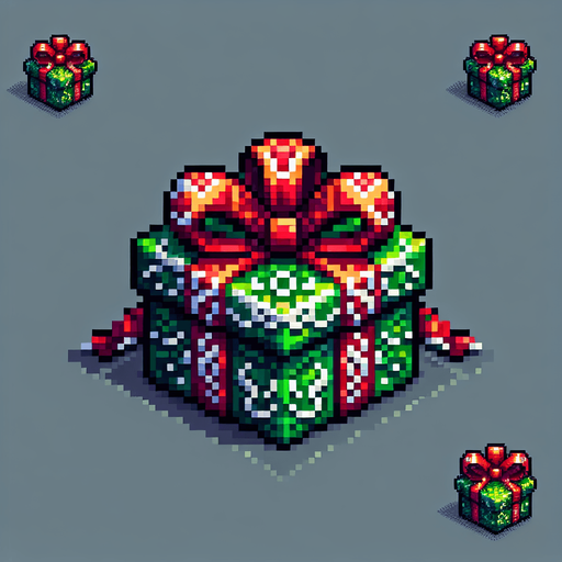 Pixel art of an elaborate green christmas present with red ribbons. Single Game Texture. In-Game asset. 2d. Blank background. High contrast. No shadows.