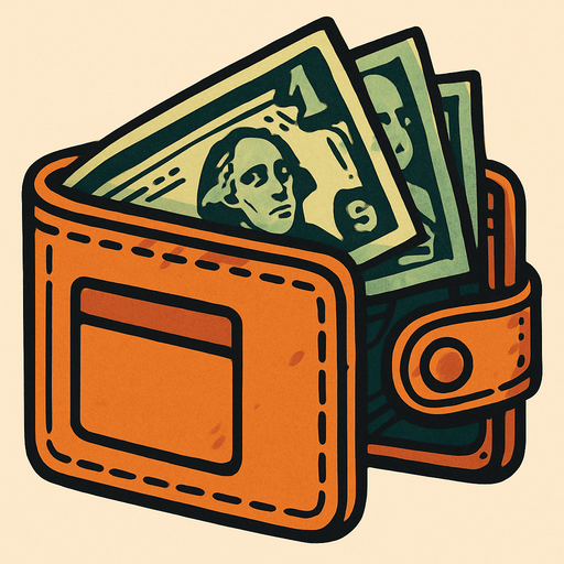 İçinde birkaç dolar olan cüzdan.
In-Game asset.  2d.  High contrast.  No shadows