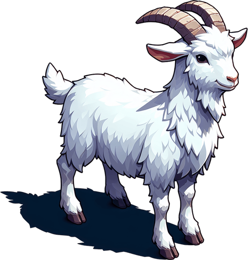 White goat.
Single Game Texture.  In-Game asset.  2d.  Blank background.  High contrast.  No shadows