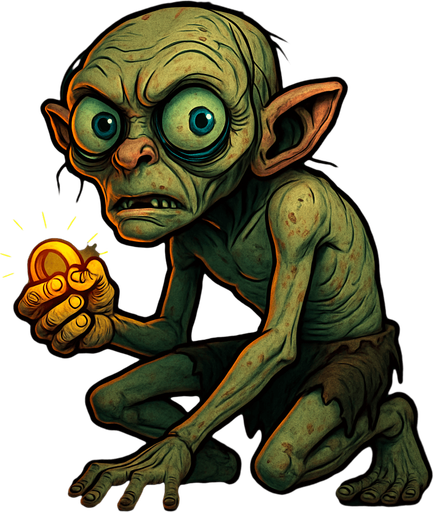 A full-body stylized illustration of Smeagol (Gollum), showing his thin, hunched frame and large expressive eyes. He is barefoot and shirtless, wearing ragged shorts, with exaggerated cartoonish features that highlight his creepy yet pitiful nature. He clutches a glowing precious ring tightly in one hand. The art style is dark fantasy with vibrant colors, detailed skin textures, and a shadowy, mysterious background to enhance the eerie atmosphere. Perfect for full-character concept art or game design..
In-Game asset.  2d.  High contrast.  No shadows