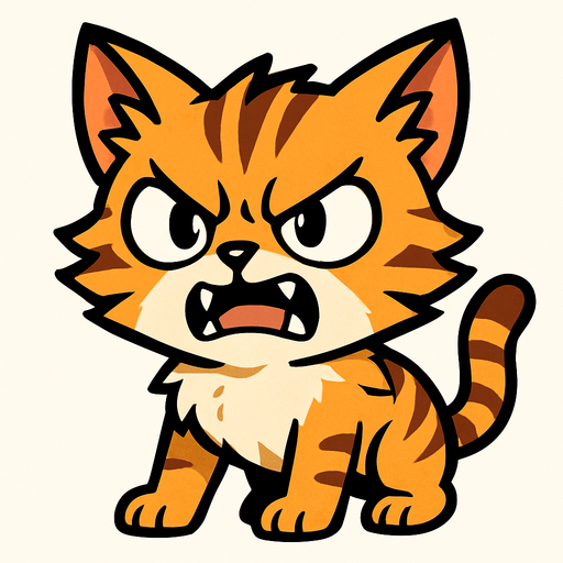 An angry but cute wild cat manga cartoon style.
In-Game asset.  2d.  High contrast.  No shadows
