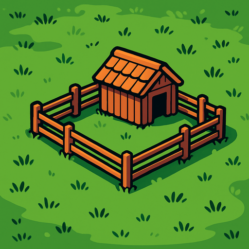 מרעה ירוק עם דיר קטן במרכזו.
In-Game asset.  2d.  High contrast.  No shadows