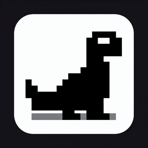 sağa dönük simsiyah pikselli dinozor.
Single Game Texture.  In-Game asset.  2d.  Blank background.  High contrast.  No shadows