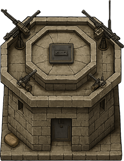 Askeri Kule, gerçekçi, üstten görünüm, yazısız.
In-Game asset.  High contrast.  No shadows