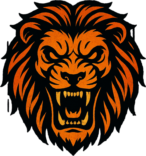 A scary lion image with wooden background.
In-Game asset.  2d.  High contrast.  No shadows