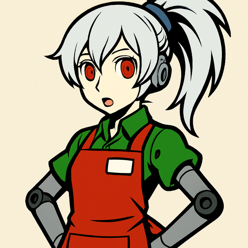 Labrys personaje de Persona 4 Arena con ropa de tendera..
In-Game asset.  2d.  High contrast.  No shadows