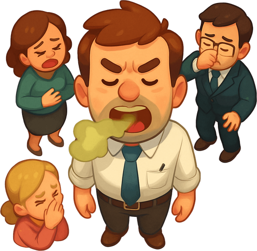 An office worker with extremely bad breath. People getting close get sick.. Full body viewed from the above. Cute soft graphics. soft ambient light. semi-matte to satin surfaces. naturalistic with slight saturation boost colors. Tone is premium, friendly, clean with lifestyle or service-oriented appeal.
In-Game asset.  2d.  High contrast.  No shadows. top down. View from above.