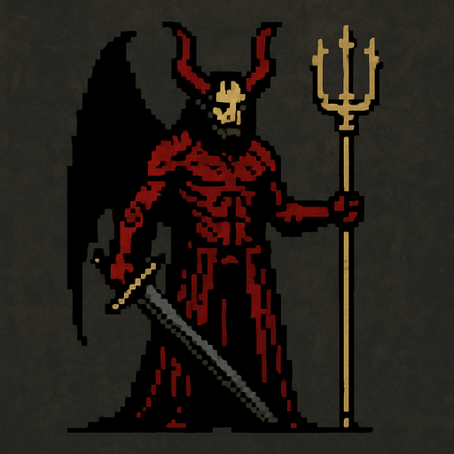Lucifer character dark souls style 2d pixel art.
In-Game asset.  2d.  High contrast.  No shadows