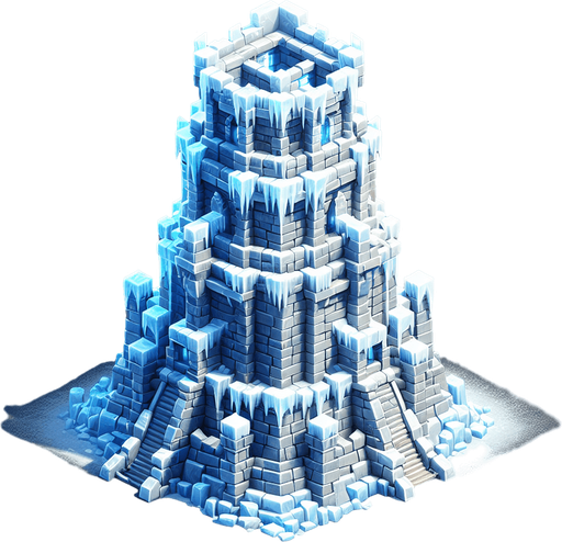 A turret tower built of ice blocks. Front view perspective. Single Game Texture. In-Game asset. 2d. Blank background. High contrast. No shadows.