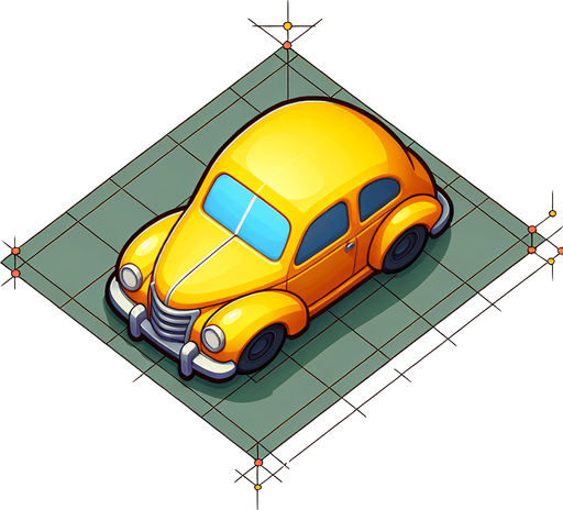 yellow car upper view design as in cartoons.
Single Game Texture. In-Game asset. 2d. Blank background. High contrast. No shadows.