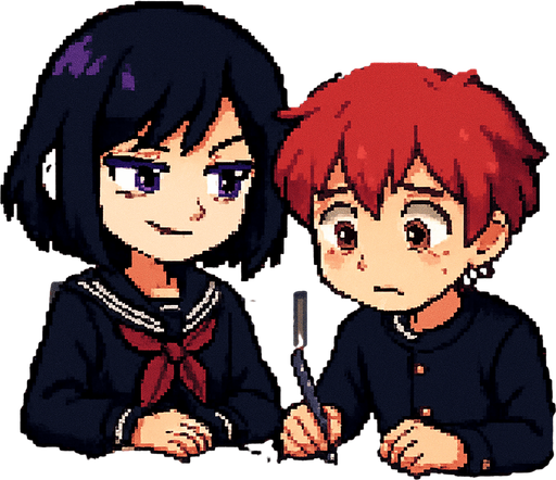 A cute anime-style girl in pixel art, with an emo aesthetic, striking purple eyes, and a classic Japanese school uniform (sailor fuku), is studying with furrowed brows and a confident smile. She sits next to a shy red-haired boy with red eyes, also in pixel art style. Their desks are pushed together, and on the boy’s desk lies an open notebook, which he nervously stares at while holding a graphite pencil. The girl looks at him with a mix of sternness and confidence, convinced he won’t pass the exam. The background depicts a typical Japanese classroom.