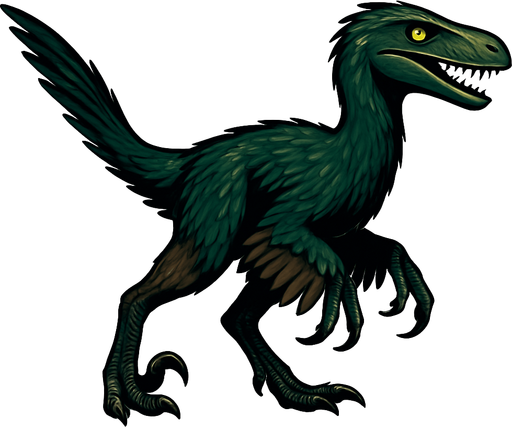 A sleek Deinonychus dinosaur covered with dark green and brown feathers, showing a mix of short downy feathers on the body and longer, quill-like feathers on the arms and tail. It has bright, alert eyes and a narrow head with sharp teeth visible. The legs are muscular with the signature sickle-shaped claws. Feathers have a glossy texture, giving the dinosaur a dynamic, bird-like appearance..
In-Game asset.  2d.  High contrast.  No shadows