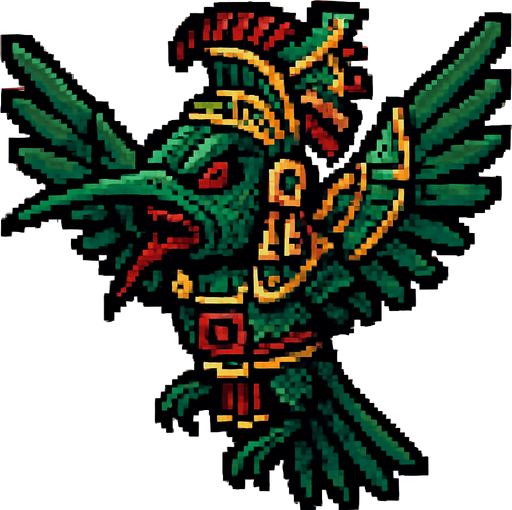 Genérame una olibrí Esmeralda Andina guerrero azteca con eso patrones, estilo pixelar, con una apariencia maligna, ojos rojos, rabioso. Unidad aerea con alas. Animal.
In-Game asset.  2d.  High contrast.  No shadows
