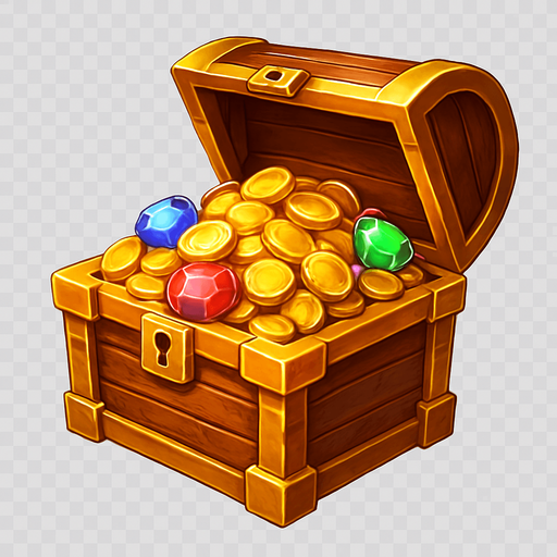 Crea un asset para el símbolo 'S' (Scatter) de Megaways: un Cofre del Tesoro o Bolsa de Dinero.
Un cofre del tesoro abierto, desbordando monedas de oro y joyas, o una bolsa de dinero con el signo '$'. Debe ser visualmente atractivo y sugerir una recompensa. Colores dorados, marrones y brillantes. Estilo de casino de aventura. Fondo transparente. Símbolo de bonificación.
In-Game asset.  2d.  High contrast.  No shadows