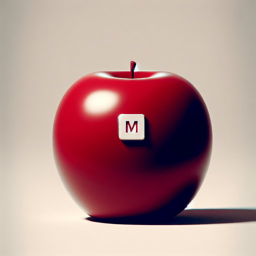 a white sign with a small "m" on a red apple..
Single Game Texture. In-Game asset. 2d. Blank background. High contrast. No shadows.