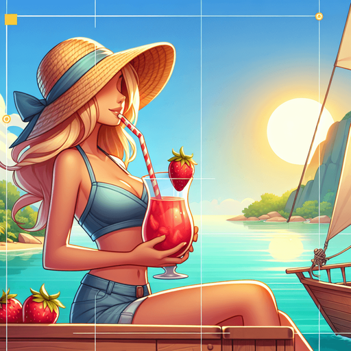 An idyllic llustration of a beach cove where a blond girl in a straw hat is enjoying an large strawberry drink on the deck of her sailing boat as the sun sets. Clean game illustration style..
Single Game Texture. In-Game asset. 2d. Blank background. High contrast. No shadows.