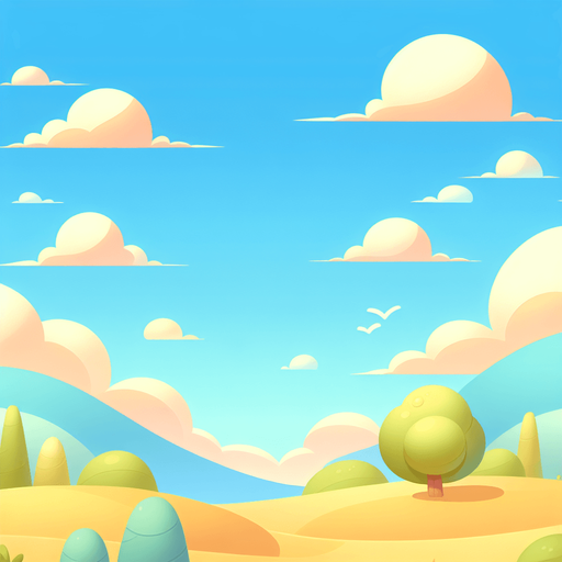 Design a serene and minimalist game background set against a clear blue sky, embodying a light-hearted, cartoony atmosphere. The landscape is uncomplicated, featuring gentle rolling hills and sparse, stylized trees in soft pastel colors. This simplicity ensures the scene remains tranquil and inviting, perfect for creating a balanced and cheerful backdrop that welcomes players into a whimsical yet peaceful gaming world, without any distractions in the sky.
Single Game Texture. In-Game asset. 2d. Blank background. High contrast. No shadows.